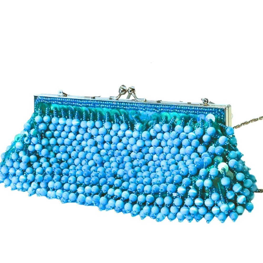 Vintage Hand Beaded Blue Clutch Purse with strap, formal glam Evening Bag